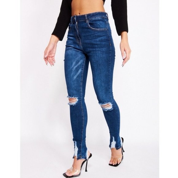 Blue High Waist Ripped Distressed Split Hem Skinny Jeans Denim Pants - Picture 8 of 13
